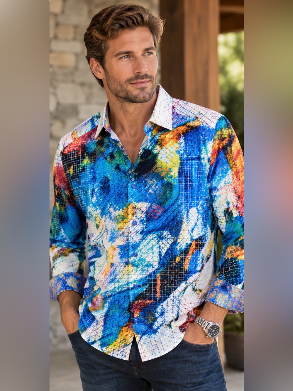 🔥 Robert Graham Men’s Medium Abstract Art Button-Up – Flip Cuff – Very unique